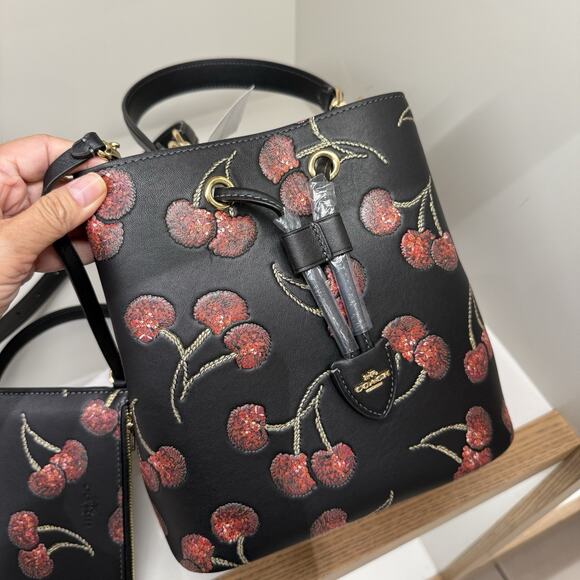 Coach Rowan Bucket Bag With Cherry Print CCZ17 Black - Picture 7 of 15